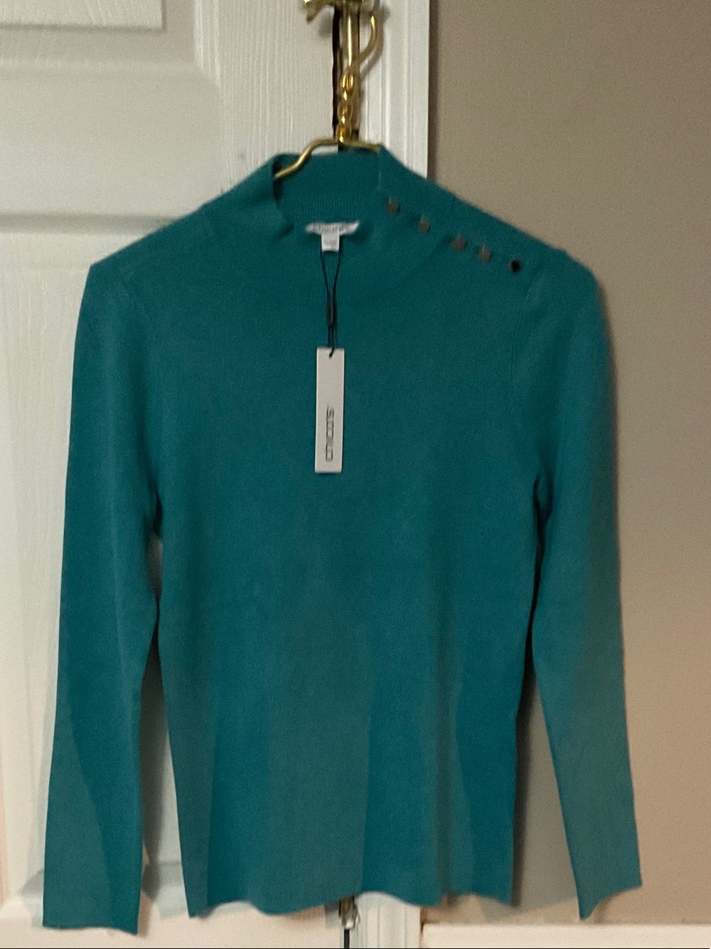 Chico's Teal Crewneck Sweater with Gold Accent